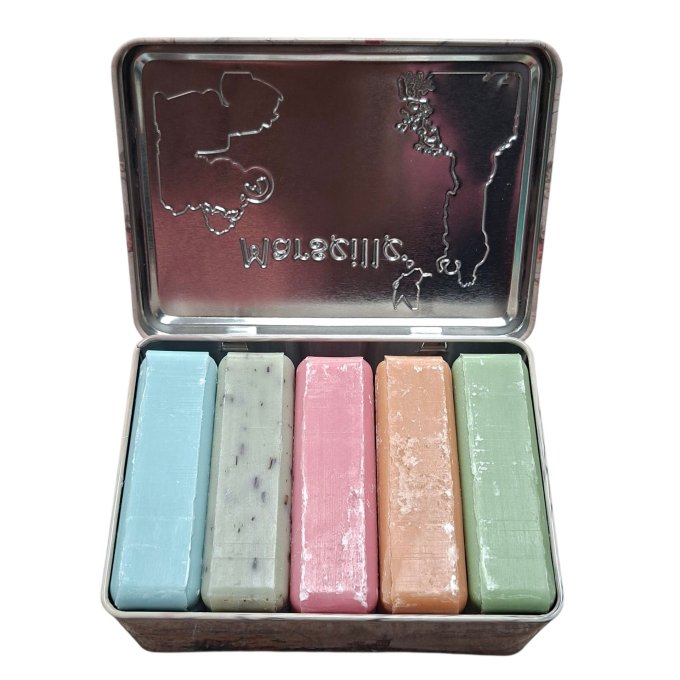 Coffret boite métal garnie 5 savons 125g parfumés La savonnette marseillaise