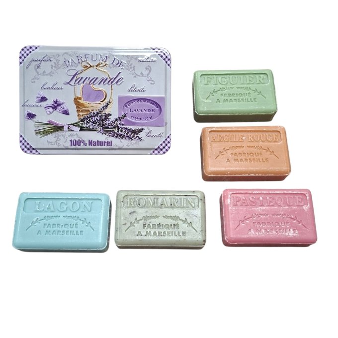 Coffret boite métal garnie 5 savons 125g parfumés La savonnette marseillaise