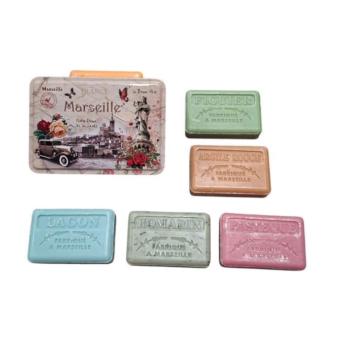 Coffret boite métal garnie 5 savons 125g parfumés La savonnette marseillaise