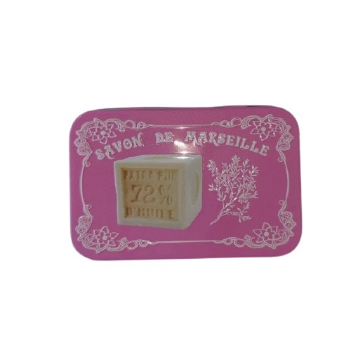 Boite à savon métal - décor cube de savon de Marseille rose