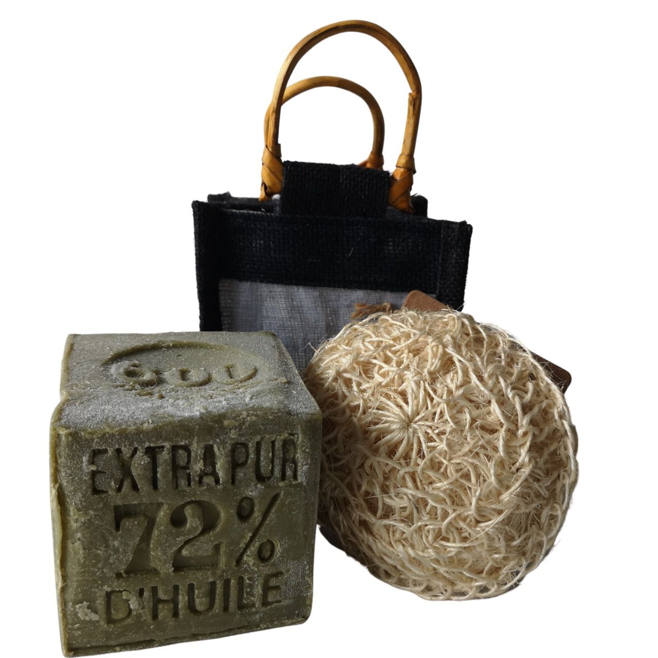 Panière jute et coton cube 600g savon de Marseille gant en sisal