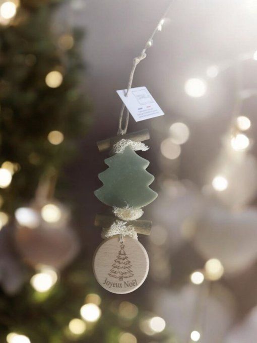 Tresse savon sapin vert cèdre et rond en bois "sapin joyeux noël"